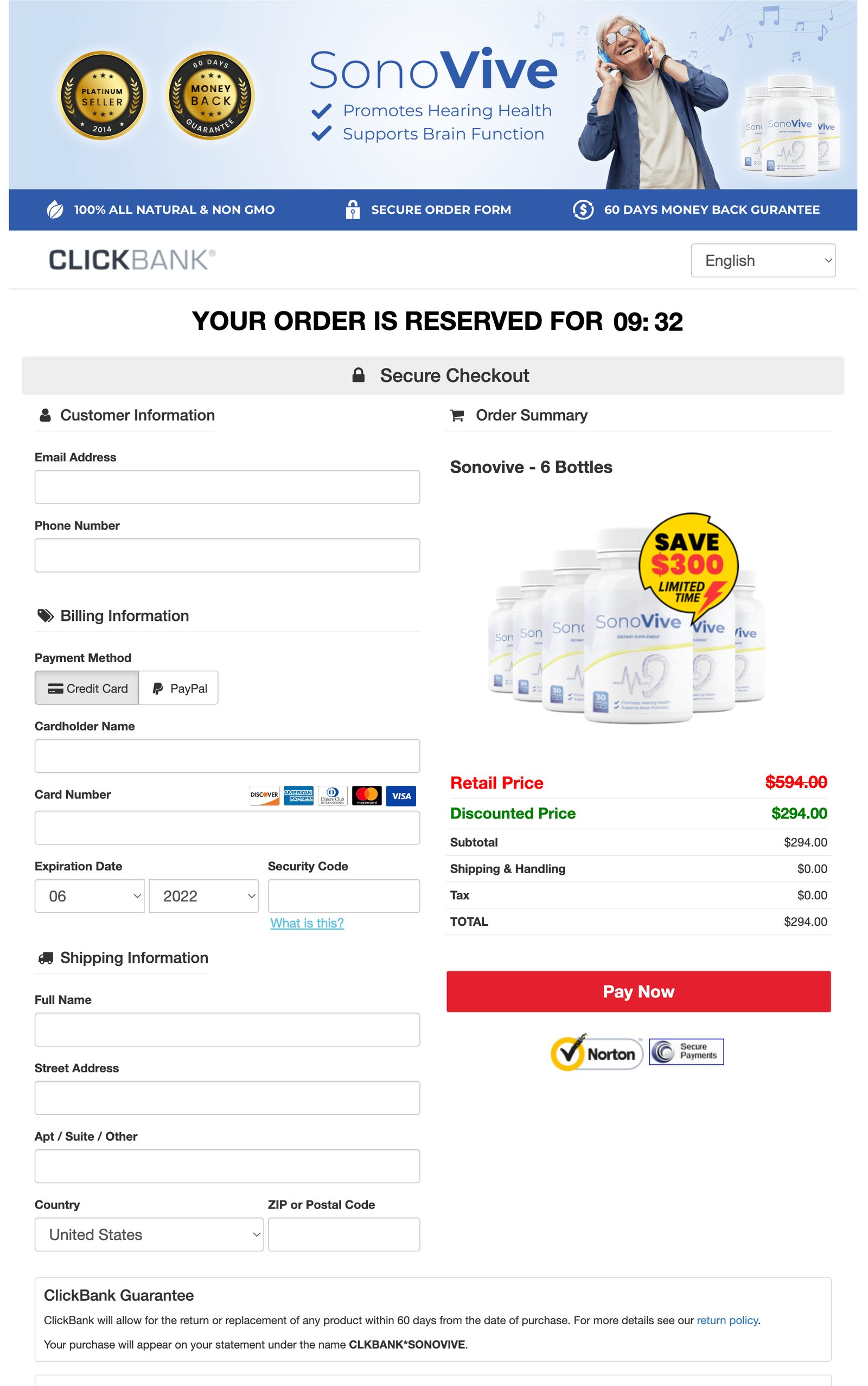 Screenshot of SonoVive secure order page